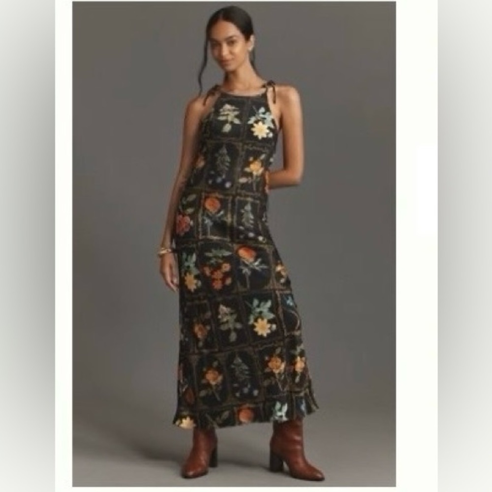 Anthropologie Shoulder-Tie Column dress in black floral